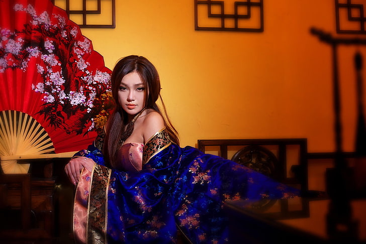 gaun bunga biru dan merah wanita, Asia, kimono, Wallpaper HD