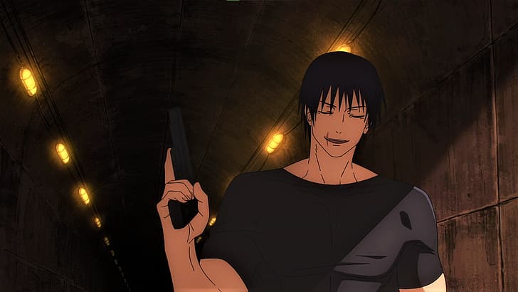 Jujutsu Kaisen, Fushiguro Toji, arma, sorrindo, cicatrizes, anime, Captura de tela do anime, meninos do anime, HD papel de parede