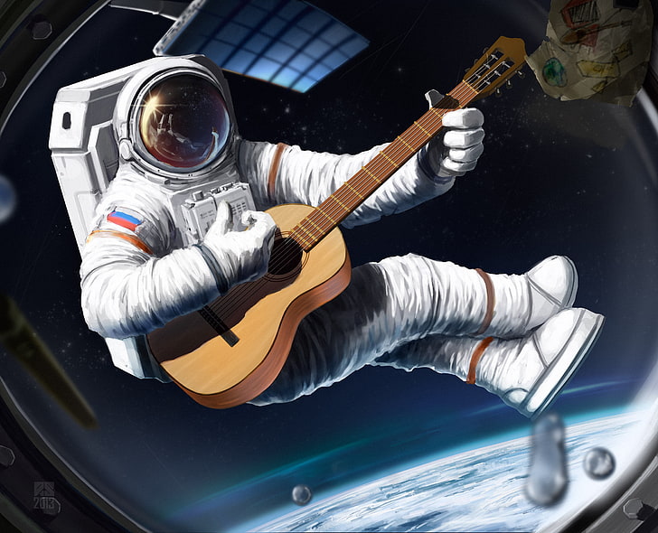 astronauta suonare la chitarra carta da parati digitale, spazio, nave, chitarra, astronauta, la tuta, arte, finestra, casco, Sfondo HD