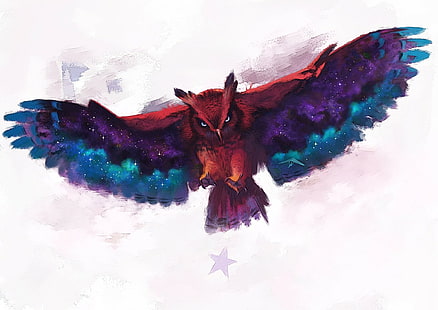 purple, red, and teal owl painting, owl, digital art, HD wallpaper HD wallpaper