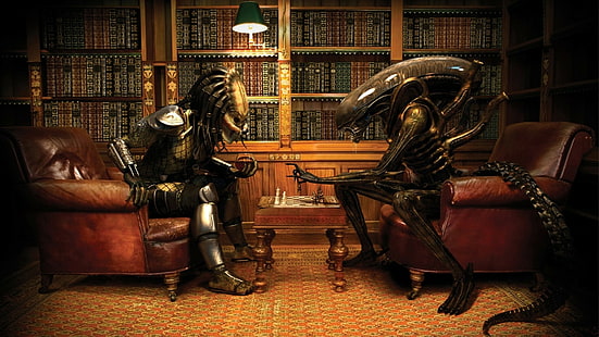Alien vs Predator, vinho, xadrez, livros, Predator (filme), Xenomorph, Aliens (filme), HD papel de parede HD wallpaper