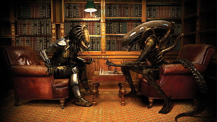 alien and predator illustration, chess, wine, Aliens (movie), Alien vs. Predator, Predator (movie), books, Xenomorph, HD wallpaper