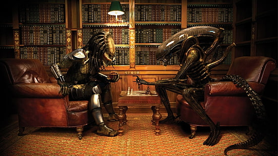 alien and predator illustration, chess, wine, Aliens (movie), Alien vs. Predator, Predator (movie), books, Xenomorph, HD wallpaper HD wallpaper