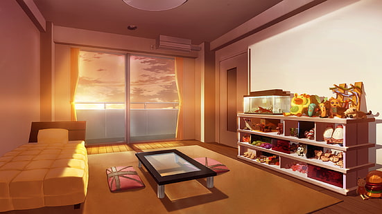 ilustração do quarto, o sol, raios, quarto, amanhecer, brinquedos, cama, aquário, manhã, arte, cedo, tabela, manhã de sol, danbo, prateleiras, HD papel de parede HD wallpaper
