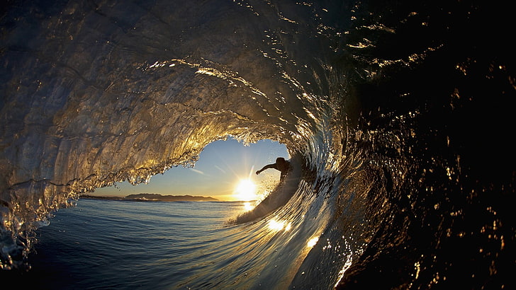океанская волна, закат, серферы, волны, серфинг, вода, солнце, отражение, спорт, HD обои