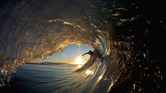 ocean wave, sunset, surfers, waves, surfing, water, Sun, reflection, sport, HD wallpaper HD wallpaper