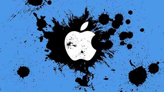شعار Apple ، شركة Apple Inc. ، شعار ، رموز ، بقع طلاء ، خلفية زرقاء، خلفية HD HD wallpaper