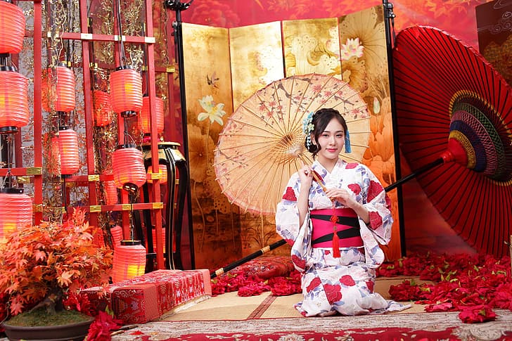 Asiatisk, modell, kvinnor, långt hår, mörkt hår, knäfallande, sittande, traditionella kläder, japanskt paraply, hårprydnad, lampor, blommor, kronblad, HD tapet