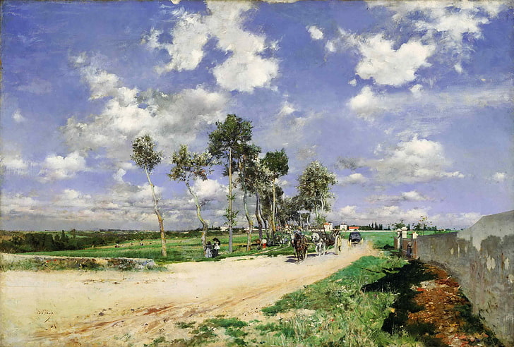 brown tree, road, forest, the sky, grass, clouds, trees, landscape, people, horse, picture, horizon, wagon, Giovanni Boldini, HD wallpaper
