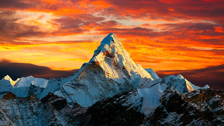 Ama Dablam, Himalaia, Parque Nacional Sagarmatha, Parque Nacional, Cimeira, Pico, Cume, Cordilheira do Himalaia, Maciço, Céu laranja, Pôr do sol, HD papel de parede