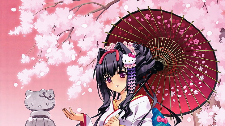 anime, gadis anime, berambut cokelat, payung, rambut panjang, pakaian Jepang, kimono, bunga, tersenyum, mata merah muda, menatap penonton, Wallpaper HD