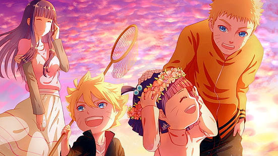 Ilustrasi Naruto, Uzumaki Naruto, Hyuuga Hinata, Uzumaki Boruto, matahari terbenam, Uzumaki Himawari, karangan bunga, keluarga, anime, Naruto Shippuuden, Wallpaper HD HD wallpaper
