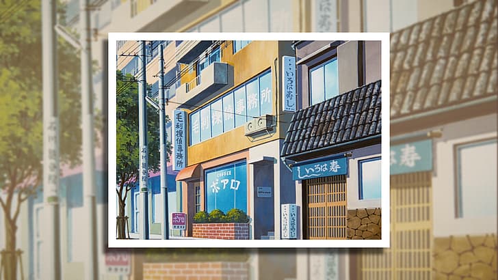 kantor, Detektif Conan, minimalis, bingkai jendela, pintu, pohon, jalan, anime, Anime screenshot, AC, balkon, tiang lampu, Wallpaper HD