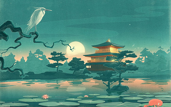 brown and green pagoda illustration, brown and green pagoda painting, nature, trees, branch, animals, birds, Asian architecture, house, Moon, water, lake, leaves, night, stars, water lilies, artwork, Japanese, drawing, forest, HD wallpaper