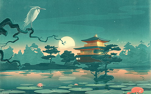 brown and green pagoda illustration, brown and green pagoda painting, nature, trees, branch, animals, birds, Asian architecture, house, Moon, water, lake, leaves, night, stars, water lilies, artwork, Japanese, drawing, forest, HD wallpaper HD wallpaper