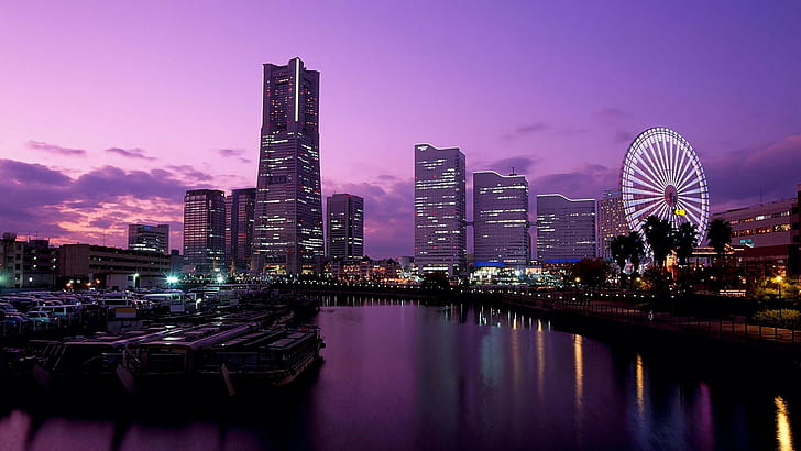 paisaje urbano, Tokio, ciudad, noria, puesta de sol, cielo púrpura, Fondo de pantalla HD