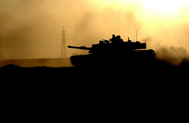 tank, silhouette, military, power lines, soldier, HD wallpaper