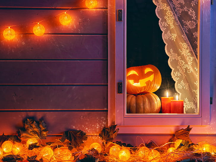 الخريف ، الليل ، النافذة ، الهالوين ، اليقطين ، الشمعة ، الأعياد، خلفية HD