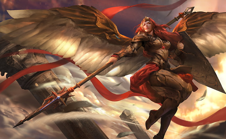 женщина с мечом цифровые обои, крылья, воин, копье, щит, герои ньютер, валькирия, адкарна валькирия, HD обои