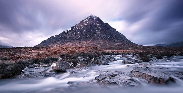 landscape photography of brown mountain under white clouds during daytime, landscape photography, brown mountain, white clouds, daytime, Scotland, Glencoe, Buachaille Etive Mor, long exposure, River, mountain, nature, snow, mountain Peak, landscape, scenics, outdoors, ice, travel, hiking, sky, rock - Object, beauty In Nature, glacier, HD wallpaper