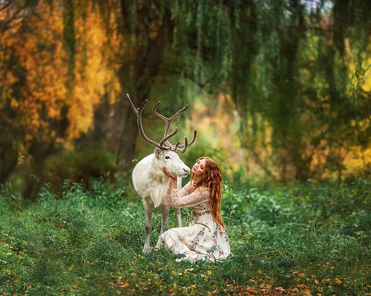 forest, girl, nature, animal, deer, red, Anastasia Barmina, HD wallpaper
