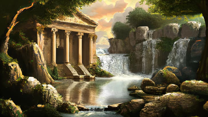 AI sztuka, AI malarstwo, malarstwo, świątynia, starożytna świątynia, wodospad, Rzym, Starożytny Rzym, Grecja, starożytna Grecja, starożytność, Tapety HD