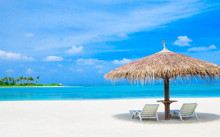 Maldivas Océano Índico Tumbonas y palmeras Paraguas de paja Verano Fondos de pantalla Hd 1920 × 1200, Fondo de pantalla HD