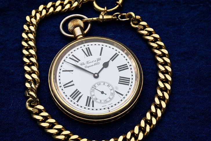 analog watch, antique, chain, chain link, clock, close up, gold, pocket watch, time, HD wallpaper