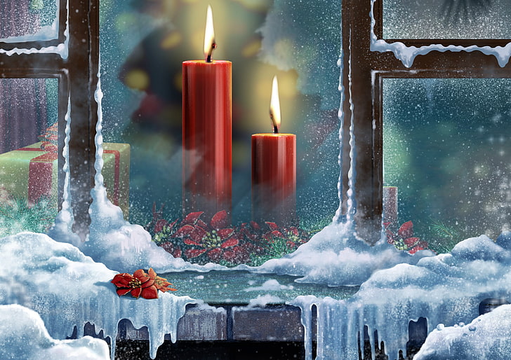 عشاء أحمر شموع اللوحة ، عيد الميلاد ، الشموع ، الصقيع ، الثلج ، هدية ، النافذة، خلفية HD
