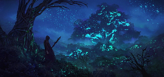 Fantazja, las, światło, noc, sylwetka, laska, drzewo, Tapety HD HD wallpaper