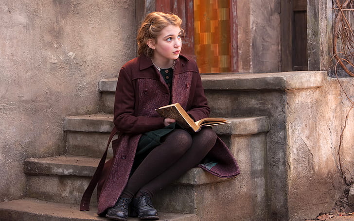 Sophie Nelisse in The Book Thief, women's black dress, maroon long sleeve coat and black lace up shoes, book, sophie, thief, nelisse, HD wallpaper