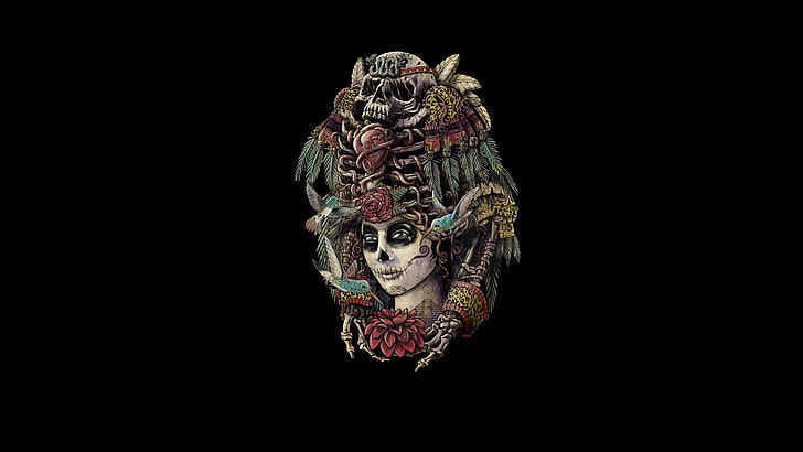 woman wearing headdress illustration, girl, birds, style, skull, skeleton, day of the dead, HD wallpaper