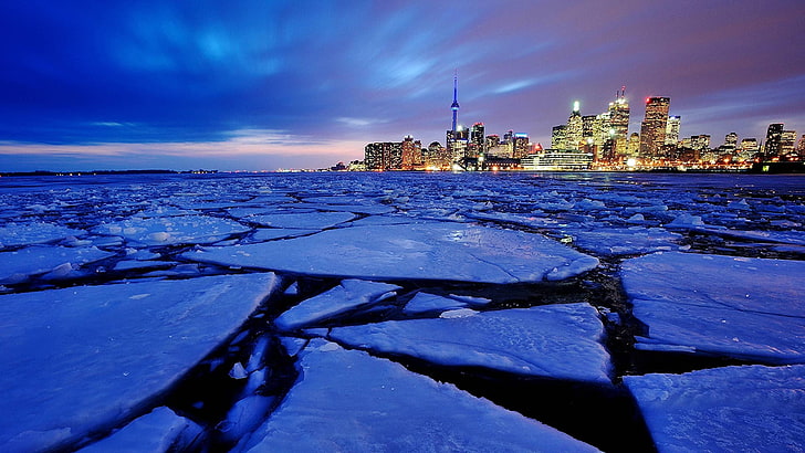 Foto di paesaggio urbano di grattacieli, paesaggio urbano, Toronto, Canada, CN Tower, ghiaccio, Sfondo HD