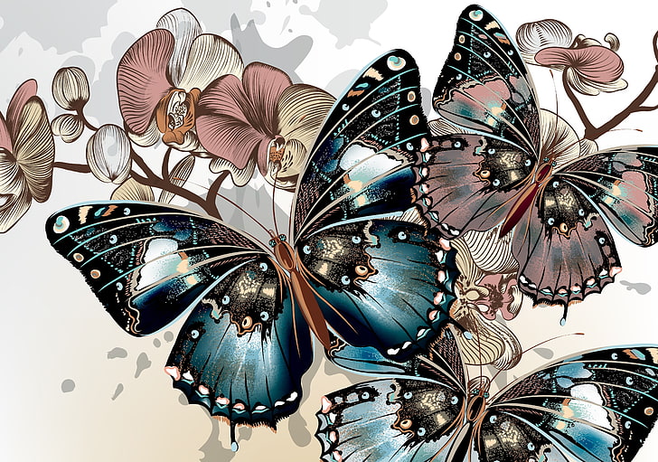 kupu-kupu hijau dan merah muda dan anggrek ngengat, warna, kupu-kupu, latar belakang, sayap, vektor, Wallpaper HD