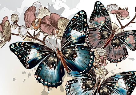 grüne und rosa Schmetterlinge und Mottenorchideen, Farbe, Schmetterling, Hintergrund, Flügel, Vektor, HD-Hintergrundbild HD wallpaper