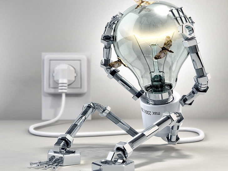 illustrazione di robot lampadina bianca e grigia, lampadina, bug, presa, Sfondo HD