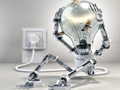 illustrazione di robot lampadina bianca e grigia, lampadina, bug, presa, Sfondo HD HD wallpaper