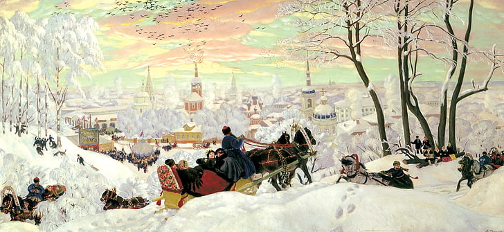 women's blue dress, winter, snow, people, holiday, picture, horse, sleigh, painting, three, canvas, Kustodiev, temples, Church, carnival, HD wallpaper