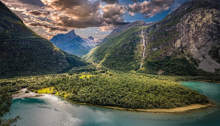 Earth, Fjord, Cloud, Forest, HDR, Landscape, Mountain, Norway, Summer, Sunshine, Waterfall, HD wallpaper