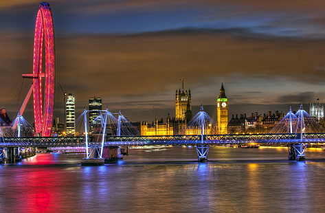 مدينة لندن ، المملكة المتحدة ، أوندون ، إنجلترا ، المملكة المتحدة ، عين لندن ، عين لندن ، عجلة فيريس ، نهر التايمز ، الجسر ، قصر وستمنستر ، ساعة بيج بن ، المساء ، الليل ، الإضاءة، خلفية HD HD wallpaper