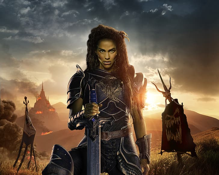Girl, World, Action, Fantasy, Warcraft, Beautiful, Flame, Assassin, Legendary Pictures, Warrior, Female, year, Castle, Woman, Mountains, Paula Patton, EXCLUSIVE, Lady, Draenei, Movie, Sword, Film, Human, Armor, orc, Flags, Universal Pictures, Battleground, Destroyed, 2016, Margins, Garona, BLIZZARD, Half-draenei, Half-orc, Half-human, Spymaster, Halforcen, HD wallpaper