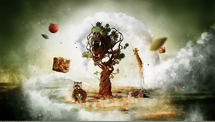 Fantasy art kreatywne zwierzęta i drzewo, fantasy, twórcze, zwierzęta, drzewo, Tapety HD