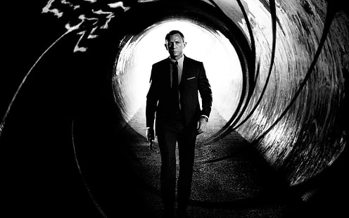 czarny płaszcz męski, film, James Bond, wygaszacz, czarno-biały, Daniel Craig, skyfall, Tapety HD HD wallpaper