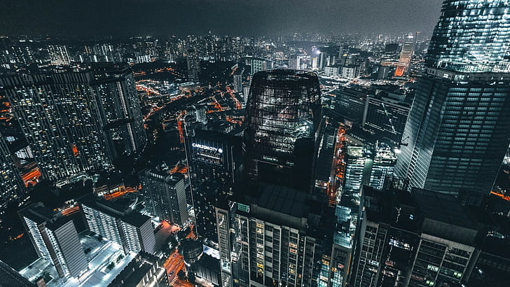 edifícios da cidade, fotografia de tiro aéreo da cidade, paisagem urbana, arranha-céu, HD papel de parede