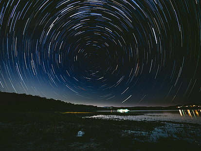звезды, замедленная съемка обоев, ночь, ночное небо, озеро, HD обои HD wallpaper