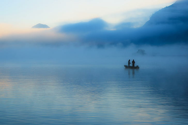 Lost In The Mist, man on canoe photo, mist, blue, fish, nature and landscapes, HD wallpaper