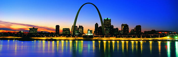 panoramic photography of gateway arch, american, american, Panoramas, American, Megalopolis, panoramic photography, gateway arch, cityscapes, night, urban Skyline, cityscape, sunset, reflection, dusk, urban Scene, city, famous Place, HD wallpaper
