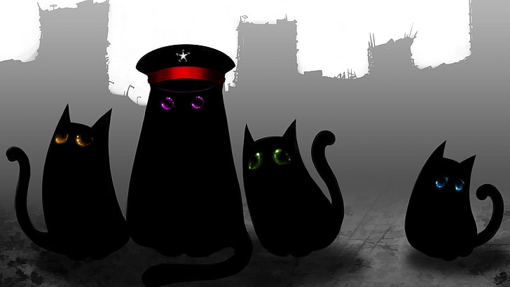 ภาพประกอบแมว, แมว, ดวงตา, ​​สีเทา, แมวดำ, สัตว์, Romantically Apocalyptic, วอลล์เปเปอร์ HD