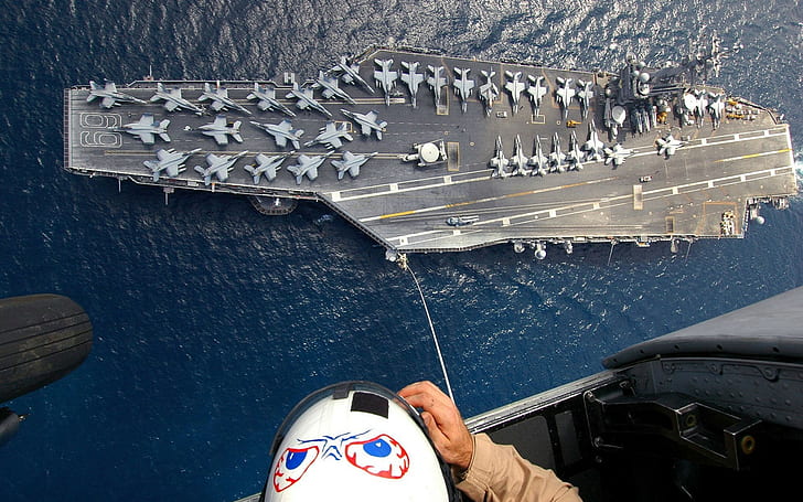 aircraft carrier, ship, aircraft, USS Dwight D. Eisenhower (CVN-69), military, navy, aerial view, FA-18 Hornet, bird's eye view, HD wallpaper