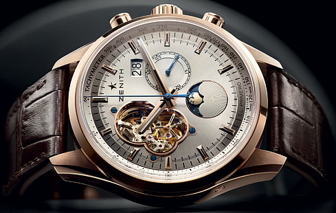 okrągły srebrny zegarek chronograf Zenith, zegarek, księżyc, różowy, złoty, Zenith, Sunphase, Chronomaster, Open, Date, The - First, Grande, Tapety HD HD wallpaper